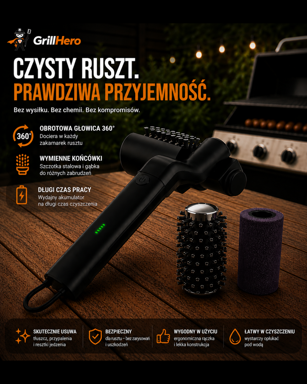 Elektryczna szczotka do grilla BBQ z wymiennymi głowicami